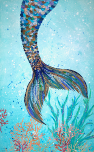 A mermaid tail with colorful scales, surrounded by coral reefs.